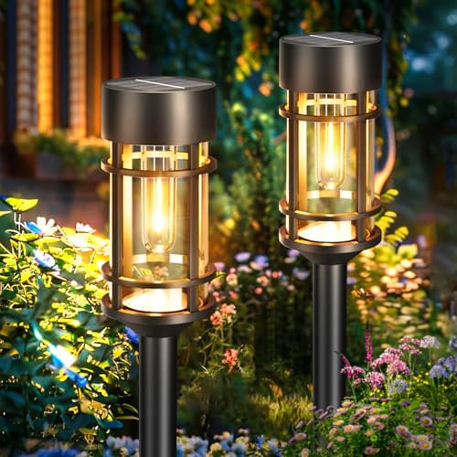 btfarm 2 Pack Solar Lights Outdoor Garden, Stake Lights Solar Powered Waterproof, Auto On/Off Outside Pathway Garden Light Ornament for Yard Driveway Patio Lawn Decorative, Warm White
