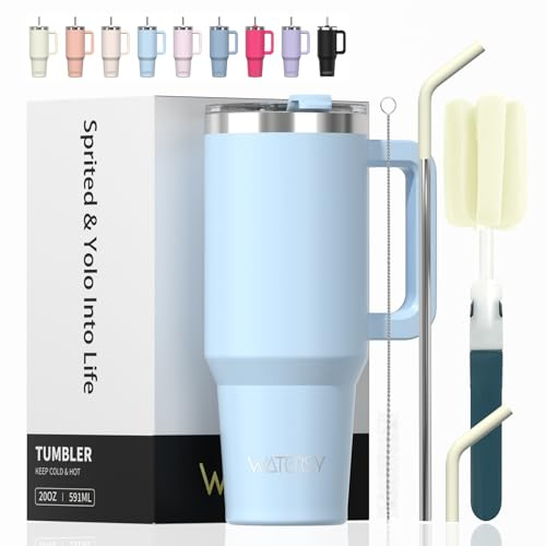 WATERSY 591 ml Vaso Termico con Pajita, Taza Termica de Acero Inoxidable, Termo Café Tapa, 20oz Taza de Café Azul con Asa para Frío y Caliente, Travel Mug para Gimnasio, Viaje