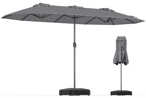 COSTWAY 4m Double-sided Patio Parasol, Outdoor Extra Large Sun Umbrella with Base, Crank Handle and Safety Lock, Market Umbrellas Sunshade Shelter for Garden Beach Yard (Light Gray)