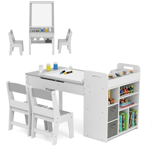 LIFEZEAL Barnbord med 2 stolar, målarbord för barn med pappersrulle, träskrivbord med 2 tyglådor, 8 färgburkar, tallben, bordsset för