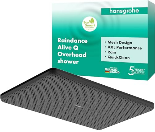 hansgrohe Raindance Alive Q - wassersparende Kopfbrause (EcoSmart), Duschbrause (340x210mm), Regendusche mit 1 Strahlart für Wand-/Deckenmontage, Brausekopf, Antikalk-Funktion, Mattschwarz, 24531670