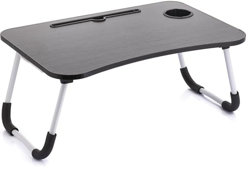 CONFORTIME Mesa Plegable Portátil 60x40x26 cm de Madera con Patas Metálicas, Ranura para Tablet y Soporte Vaso, Escritorio Auxiliar para Cama Sofá Ordenador Teletrabajo y Estudio
