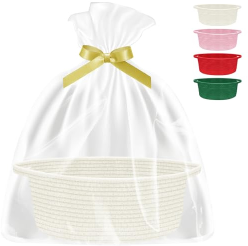 Geschenkkorb Leer Aufbewahrungskorb Geflochten Korb für Geschenke mit Geschenktüten und Bändern, Präsentkorb Leer für Babyparty, Geburtstag, Hochzeit, Ostern, Erntedank, Weihnachten (Weiß)