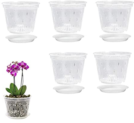 Hperu 5 set di vasi per orchidee trasparenti con fori e sottovasi, fioriera per vivaio con fessura da 3, 66x4, 13 pollici per rinvaso e drenaggio di vasi per orchidee