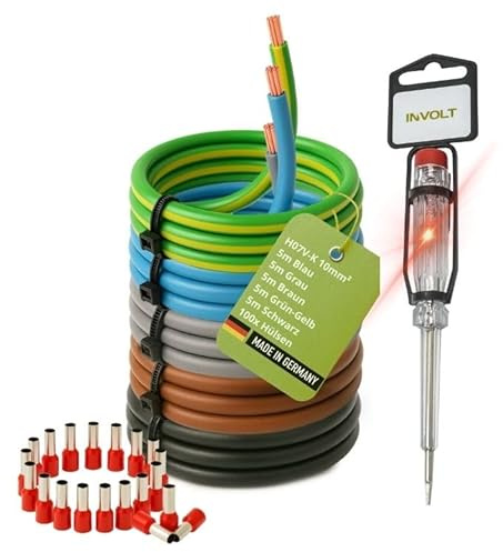 INVOLT H07V-K Verdrahtungsleitung 10mm² Set, 5x5m Kabel, 100 Aderendhülsen, Phasenprüfer