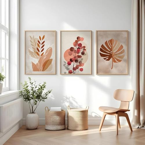 GOSRD Impressions sur toile, motifs botaniques, herbes de la pampa, eucalyptus, feuilles de monstera, style bohème, terracotta, pour la décoration du salon et de la chambre (40 x 55 cm - 3 pièces)