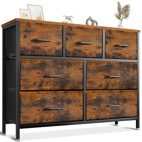 Coleshome Vintage Kommode mit Schubladen, mit 7 Schwarz Stoffschubladen | Gefertigt Stabilem Stahlrahmen und Verstellbaren Füßen, Geeignet für Schlaf- und Wohnzimmer, 100 x 30 x 77 cm