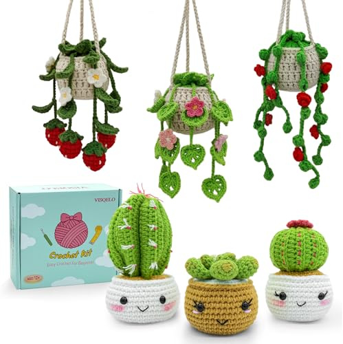 VISQELO Crochet Kit, 6P Succulents & Hanging Plants | Video Tutorials for Beginners, For Adults And Women, Learn to Crochet, DIY Craft Gift