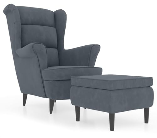 Massbinet Ohrensessel mit Hocker Samt Polyester-Bezug Fernsehsessel Armlehnensessel Polstersessel Relaxsessel Cocktailsessel Stilvolles Design Dunkelgrau