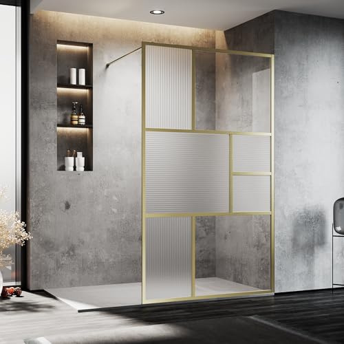 SONNI Walk-In Dusche 90x200 cm Gold, 8 mm ESG mit Fluted-Glas, rahmenlos | 8 mm ESG mit Fluted-Glas, gebürstetes Goldprofil, stabiler Edelstahl-Stabilisator, links oder rechts montierbar