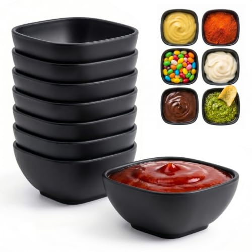Wrova Reusable Dipping Bowls | Set of 8 | 5oz Mini Serving Dishes for Sauce, Soy Sauce, Sushi & Side Dishes, Microwave & Dishwasher Safe Plastic Small Bowls for Indoor and Outdoor - Black