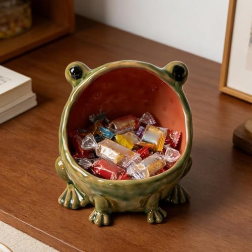 Big-Mouth Frog Candy Dish Ceramic Statue, Cute Animal Key Bowl for Entryway Table, Decorative Frog Figurine Jewelry Tray Organizer, Fun Desktop Storage for Office Home Kitchen Decor