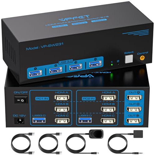 TIGKTING 4K120Hz HDMI KVM Switch 3 Monitors 2 Computers 8K@60Hz Support 4 Port USB3.0 KVM Switches for 2 Computers Share Keyboard, Mouse and more DC 12V Adapter Wired Controller Included