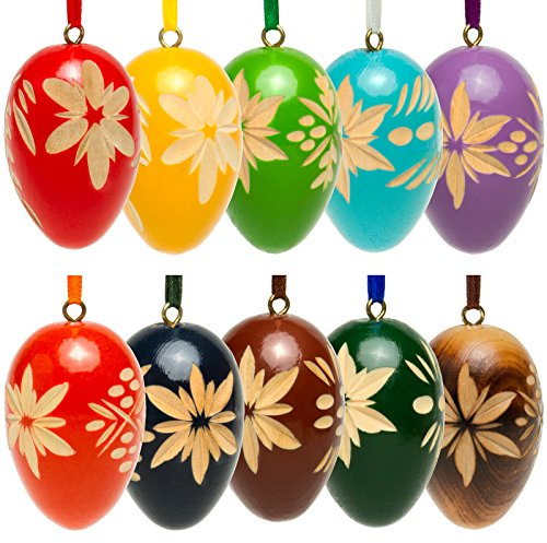 SIKORA OD01 10er Set Deko Ostereier aus Holz | Handgeschnitzte Ornamente für Ostern | Hochwertige Osterdeko zum Aufhängen in 2 Größen, Farbe | Modell:Höhe je 5.7 cm - 10er Set mit gemischten Farben