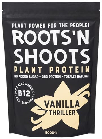 Roots 'n Shoots Vegan Protein Powder Shake with Added B12 | 500g | 26g Protein | Complete Amino Acid Profile with BCAAs | Gluten Free | Sugar Free | Dairy Free | All Natural | (Vanilla)