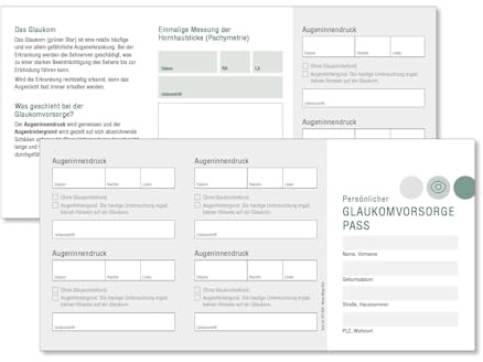 Glaukom-Vorsorgepass | 500 Stück | 6-seitig | 190g/m² Karton | Vorsorgepässe für Ärzte und Praxen zur Ausgabe an Patienten. Format geschlossen: 7,5 cm x 9,8 cm