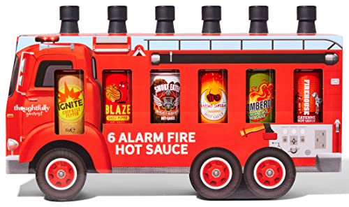Thoughtfully Gourmet - Juego de 6 salsas picantes para coche de bomberos, sabores como Ghost Pepper, Cayena, Chipotle Pepper, Hot Sauce Fire Truck