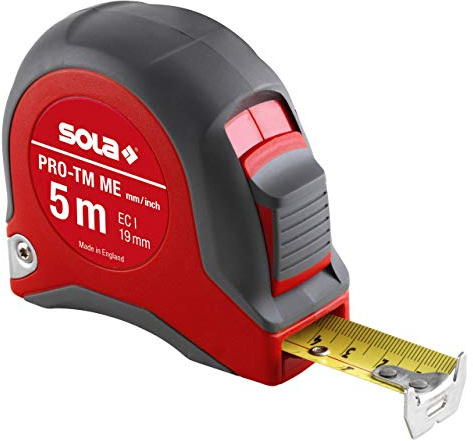 SOLA Bandmaß - PRO-TM ME - 5m / 19mm - robustes Profi-Rollbandmaß mit Gürtelclip - Stahlband, gelb mit mm/inch Skala - Genauigkeitsklasse I - Rollmeter mit beweglichem Endhaken - Länge 5m/19mm