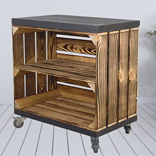 Vintage Möbel 24 GmbH Regal aus Holz auf Rollen, 53x50x30cm - Obstkisten/Weinkisten & Bohlenmöbel (Geflammt/Schwarz)