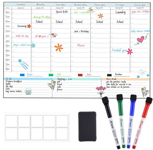 POPRUN A3 Magnetic Weekly Planner Whiteboard Calendar for Fridge, Family Schedule Planner with Time Slots, Dry Erase Weekly Planning Board for Meal, Memo board, Work Planner Monday to Sunday, 43x28 cm