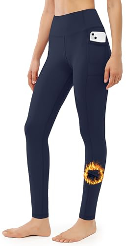 JOYSPELS Womens Fleece Lined Thermal Leggings High Waist Winter Warm Thick Gym Workout Running Yoga Pants for Women with Pockets NavyBlue L