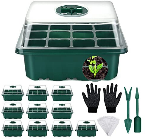 flintronic Bandejas de Germinación 11 PCS/132 Células Plántulas, Bandejas de Semilleros de Germinacion, Mini Invernadero Bandejas de Cultivo Germinación con Cúpula y Base, para Plantas en Crecimiento