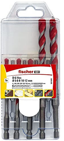 fischer Universalbohrer Set, 5 - 12 mm Durchmesser, Aufsätze für Bohrmaschinen, Bohrerset mit verschiedenen Größen, Verschleißfester Bohrer zum Bohren in unterschiedliche Materialen, 5er Pack