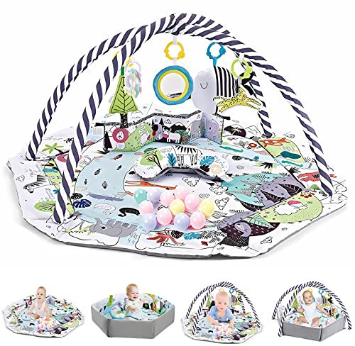 TFDER Baby Spieldecke mit Spielbogen，Multifunktionsspielbogen für Neugeborene mit 7 abnehmbaren sensorischen Spielzeugen，Krabbeldecken für Babys und Kinder ab 0+ Monaten（Weiß-Grau）