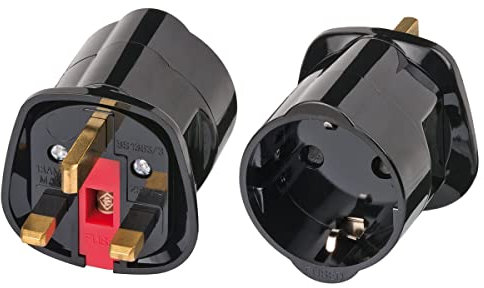 European to UK Plug Adaptor, Schuko 2 Pin to 3 Pin, Black Color, Child-Safety Design 1-Pack