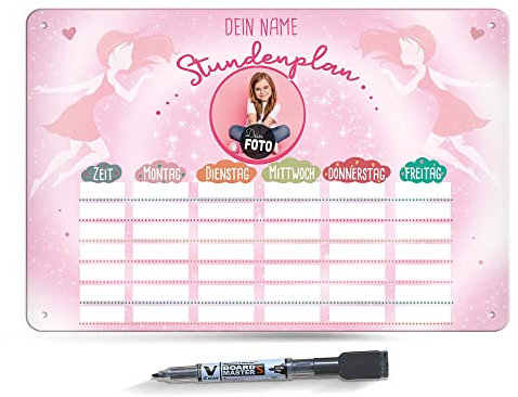 PR Print Royal Abwischbarer Stundenplan magnetisch inkl. Stift - Fee - mit Foto und Name personalisierbar - Einschulungsgeschenk - Geschenk zum Schulanfang - Metallschild A4 mit abwischbarem Stift