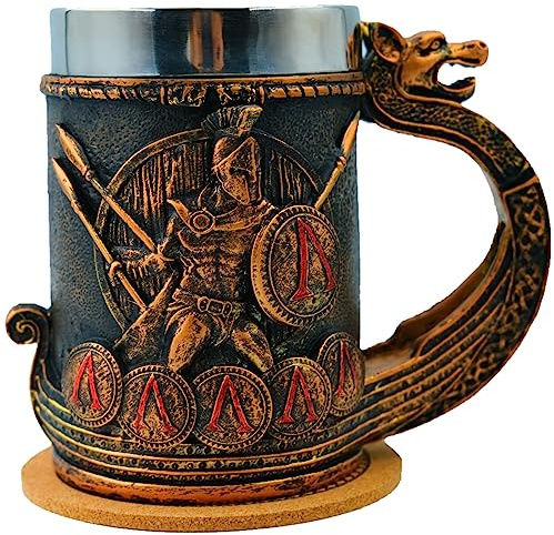WOKHACH 18oz Spartan Nordic Viking Mug, Stainless Steel Drinking Cup, Sparta Novelty Coffee Cup, Norse Viking Poetic Spartacus Decor Party Decoration Drinkware Gift for Men