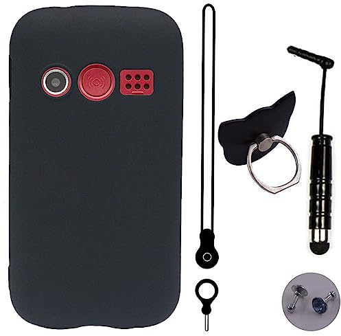 NESLIN Matting - Black TPU Silicone Cover Ring Stand Case For Doro 1380 2.4 inch Pouch Skin Pen Lanyard