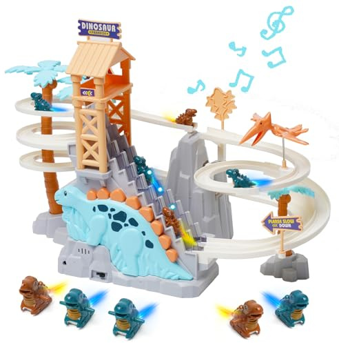 Rennbahn Spielzeug Doppelschleifenbahn Rutsche mit Musik Dinosaurier Klettern Treppe Spielzeug für Kinder Intelligenz pädagogische Puzzle Playsets für Jungen Mädchen ab 3