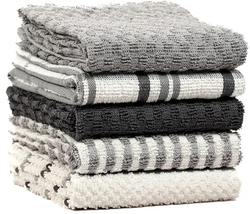 Olivia Rocco 5 Pack Terry Kitchen Tea Towels Cotton Super Absorbent Quick Drying Soft Towel Cloth, Grey