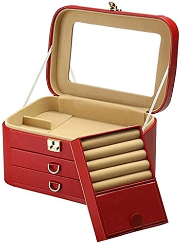 GOOPEEG Ohrring-Aufbewahrungsbox Große Schmuckschatulle, tragbare Leder-Schmuck-Aufbewahrungsbox mit Spiegel, geeignet für Hochzeit, Verlobungs-Schmuck-Display-Box Schmuck-Organizer
