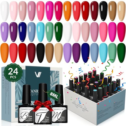 VANREESA 24 PCS Gel Nail Polish Set Fall Winter Colours Gel Polish Set with Base Top Coat Classic White Black Pink Purple Red Brown Soak Off UV Nail Polish Set Nail Varnish Kit Gifts for Women