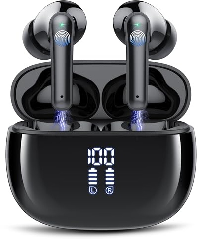 Wireless Bluetooth 5.3 Earbuds with ENC Noise Cancellation,48H Playtime LED Display, Deep Bass Stereo Sound, IPX7 Waterproof-Crystal-Clear Calls, Fast Charging, Secure Fit In-Ear Headphones for Sports