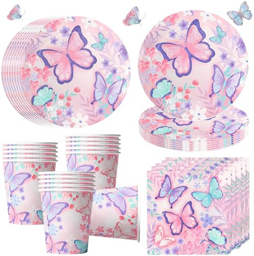 Stoviglie per feste a farfalla per 16 ospiti,Piatti per feste a farfalla, stoviglie per compleanno,Piatti di carta farfalla tazze tovaglioli,Decorazione per festa di compleanno per bambini