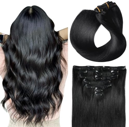 SUYYA Clip In Extensions Echthaar 14 Zoll 35cm #1 Tief Schwarz | Remy Echthaar, glattes Haar, Clip-In, 7 Stück 70 g, natürlicher Look, mehr Volumen & Länge, wiederverwendbar