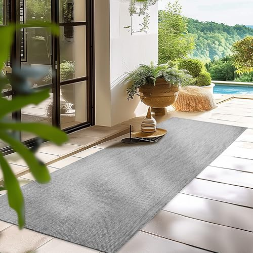 HomebyHome In- & Outdoor Teppich Wetterfest 80 x 150 cm Läufer Grau - Flur Waschbar, Wasserfest, Pflegeleicht und Flachgewebe - Ideal für Balkon, Garten, Terrasse und als Küchenläufer