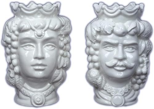 Una Coppia teste di moro regina e re in ceramica siciliana anticato Bianchi decorata stile siciliano (8 x 6 CM)