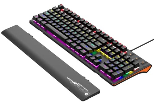 Plyisty USB-kabelgebundene Gaming-Tastatur, RGB-Tasten mit Hintergrundbeleuchtung, Mechanische Tastatur mit Abnehmbarer Handballenauflage, 104 Tasten, Blauer Schalter