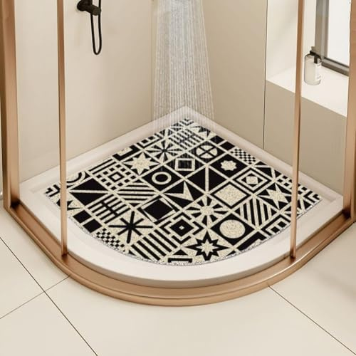 Corner Shower Mat for Indoor Non-Slip Mildew-Proof Loofah Quadrant Curved Drainage Mat (Black, 60x60 cm)