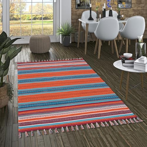 Pergamon Tapis Kilim en Coton tissé à la Main Grace - Multicolore Turquoise Terre Cuite - Tapis Facile d'entretien et Durable - Idéal pour Le Salon, Le Couloir et la Cuisine - Tapis Naturel Durable