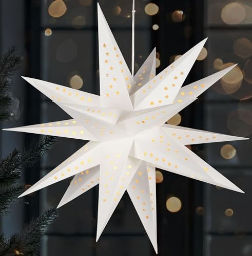 BRUBAKER 3D Weihnachtsstern für Innen - 60 cm XXL Leuchtstern - Weihnachten | Batteriebetrieben mit Timer - LED Stern Hängend - Adventsstern für Fensterdeko und Weihnachtsdeko - Papierstern - Weiß