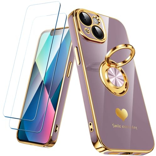 Nonional Compatible for iPhone 13 Case with 2 Pack Screen Protector, 360° Rotatable Ring Holder [Luxury Hearts Pattern] Plating Gold Edge Slim Soft Phone Cover Case for iPhone 13 - Light Purple