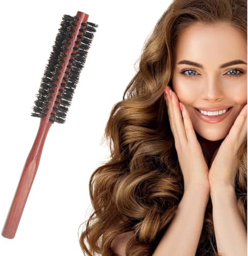 NJCXOLA Cepillo para el pelo de jabalí, 3,2 cm, pequeño redondo cepillo para el pelo con mango de madera natural cepillo rizado para mujeres cepillo de barba para hombres, Marrón