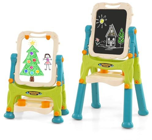GYMAX Lavagna Magnetica per Bambini, Cavalletto da Disegno Doppio Lato con Lavagna e Gesso, Tavolo da Disegno Portatile con Maniglia, Altezza Regolabile per Bambini 3+ Anni (Verde)