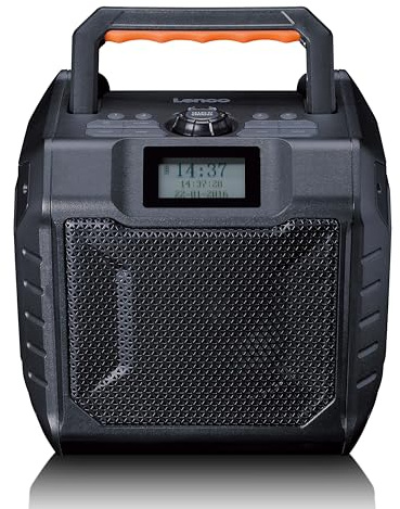 Lenco ODR-160BK - Radio DAB+/FM, altoparlante Bluetooth, antiurto e impermeabile, lettore di schede SD, AUX-In, 35 W RMS, durata della batteria 20 ore, funzione di ricarica USB