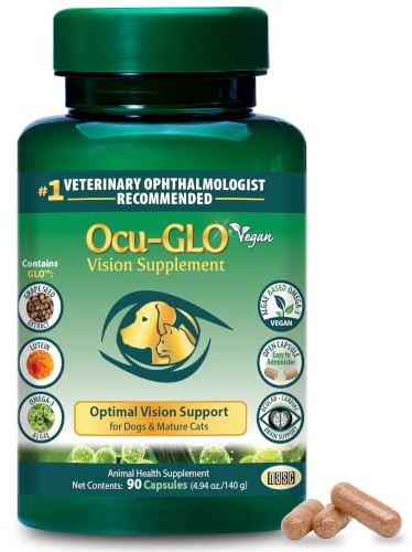 Ocu-GLO® Vegan Capsules - Vision Supplement for Dogs & Mature Cats - Formulated with Lutein, Algae Based Omega-3 Fatty Acids, Grape Seed Extract & Antioxidants to Promote Eye Health - 90 ct